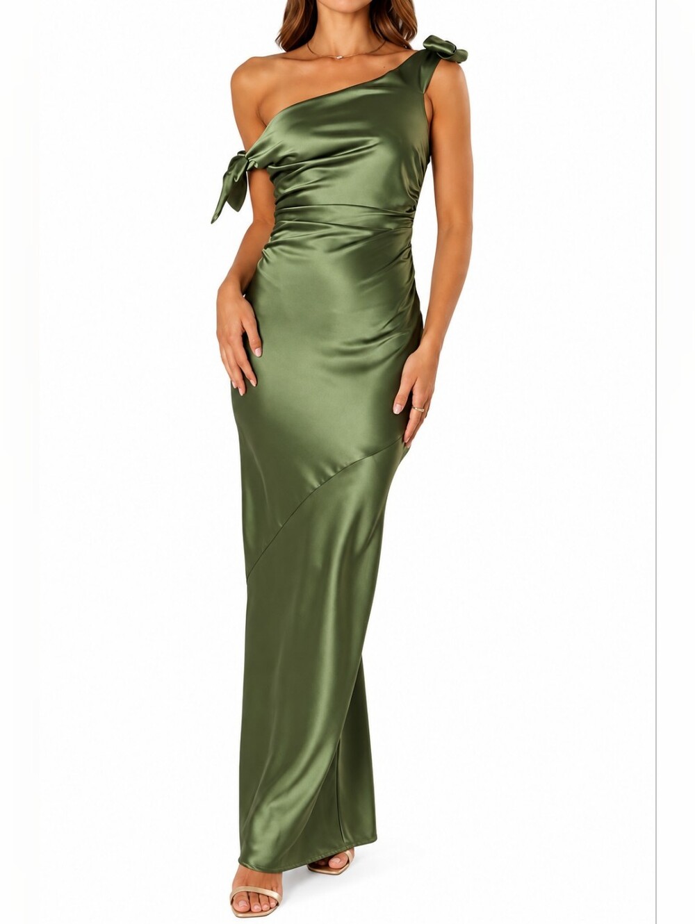 Petal & Pup Olive One-Shoulder Satin Gown